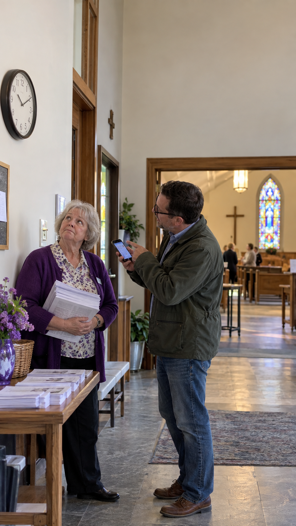 A volunteer holding printed bulletins while a visitor checks an update on his phone